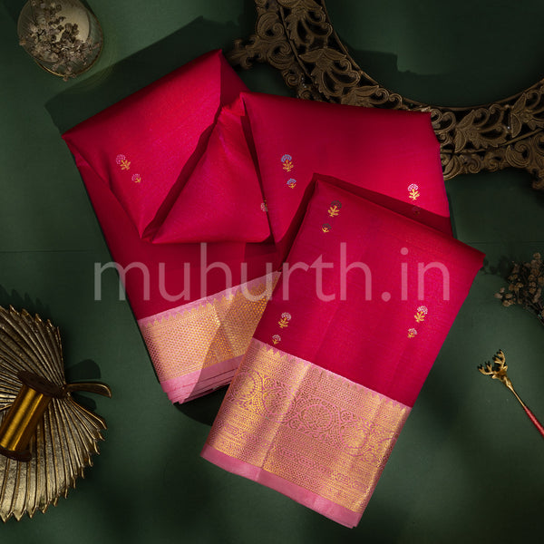 Kanjivaram Red Rose Silk Saree with Pink