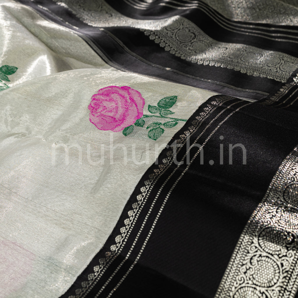 Off-White Silver Tissue Kanjivaram Silk Saree with Black