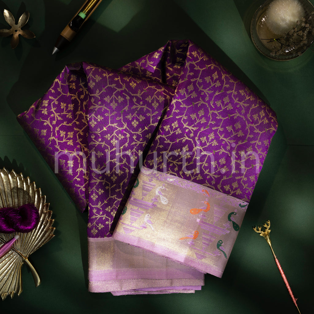 Dark Magenta Kanjivaram Silk Saree with Lavender