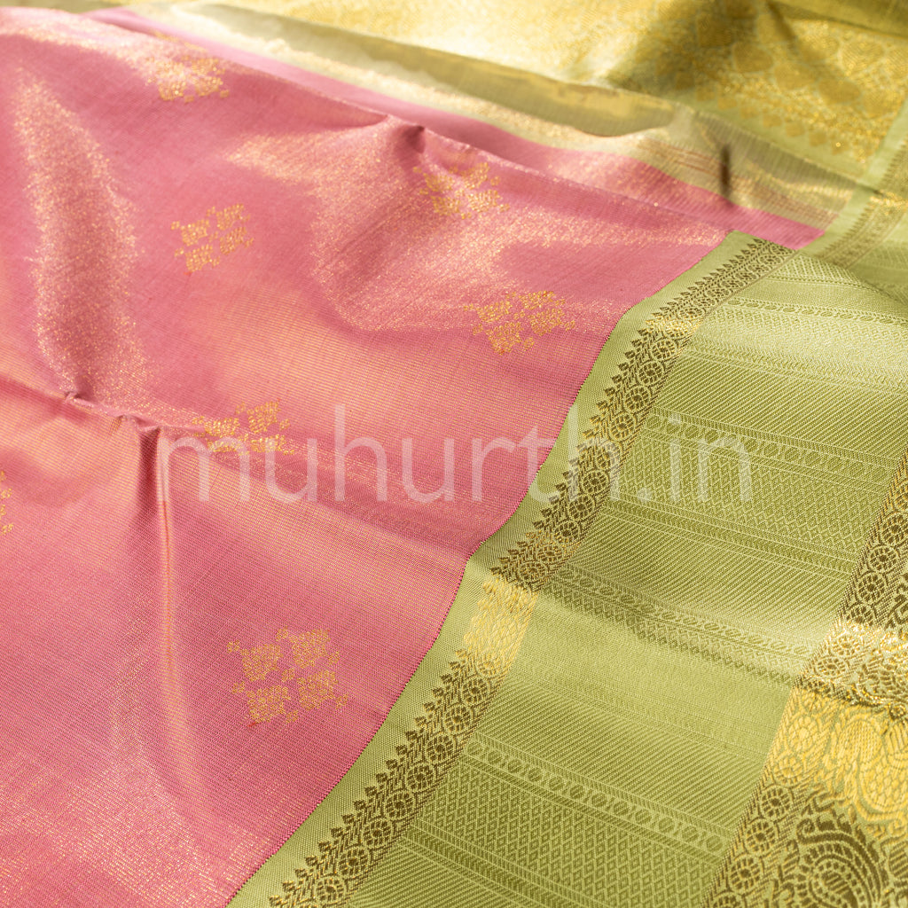 Peach Tissue Vaira Oosi Kanjivaram Silk Saree with Light Elaichi