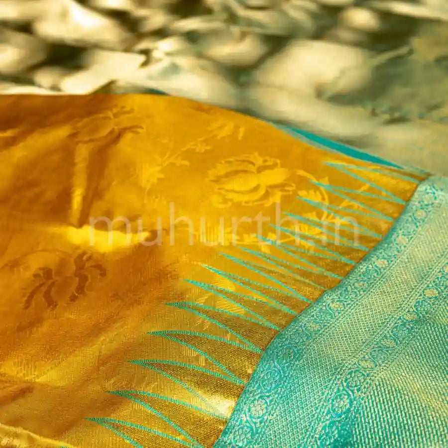 Kanjivaram Tissue Mustard Yellow Silk Saree with Rexona Green
