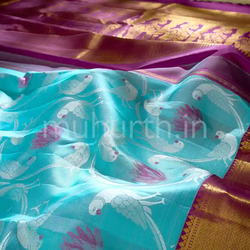 Kanjivaram Fresh Blue Silk Saree with Majenta