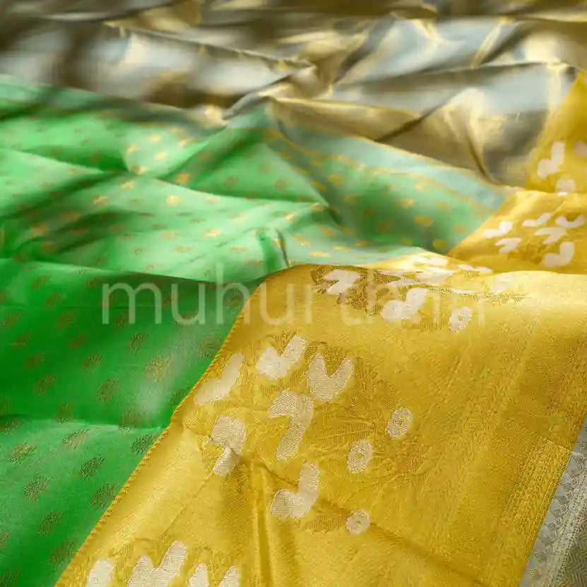 Kanjivaram Light Tiratchai with Mustard and Silver Grey Silk Saree