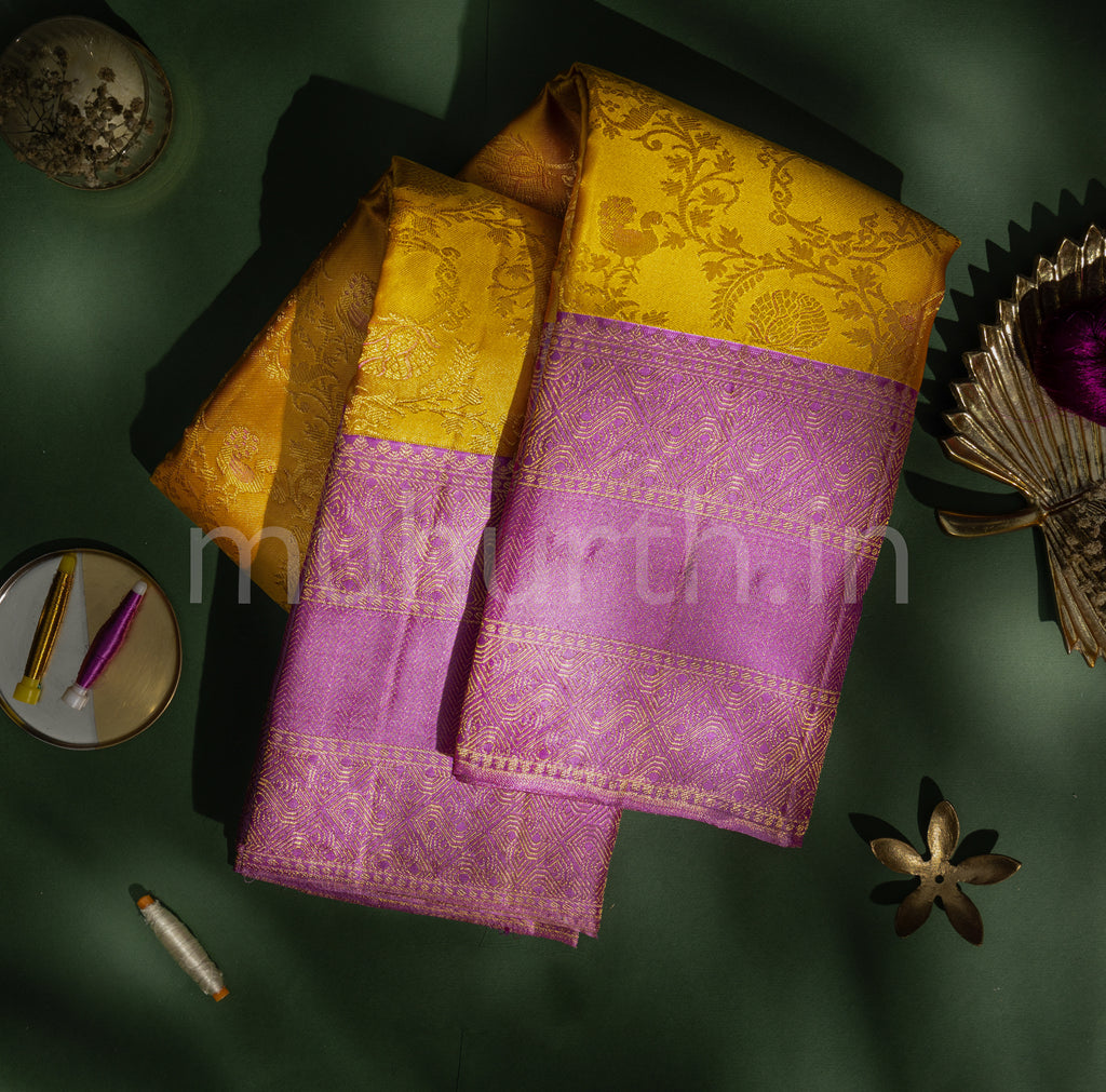Golden Mustard Kanjivaram Silk Saree with Lilac
