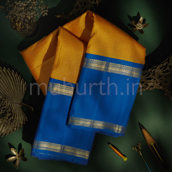 Mustard Oosi Checks Pure Kanjivaram Silk Saree Ananda Blue
