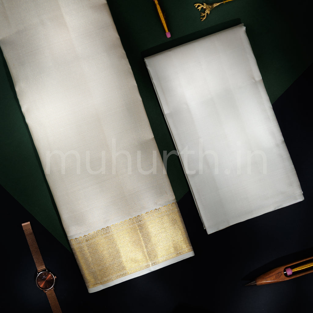 Off-White Kanjivaram Silk Dhoti and Angavasthram with Shirt Fabric