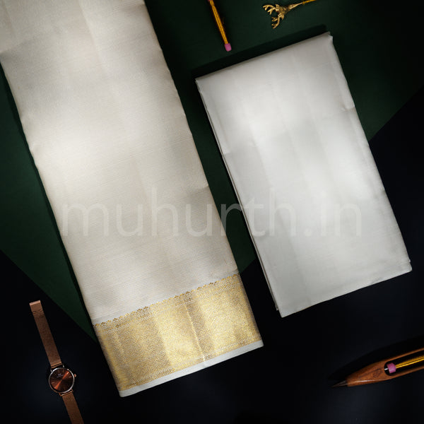 Off-White Kanjivaram Silk Dhoti and Angavasthram with Shirt Fabric