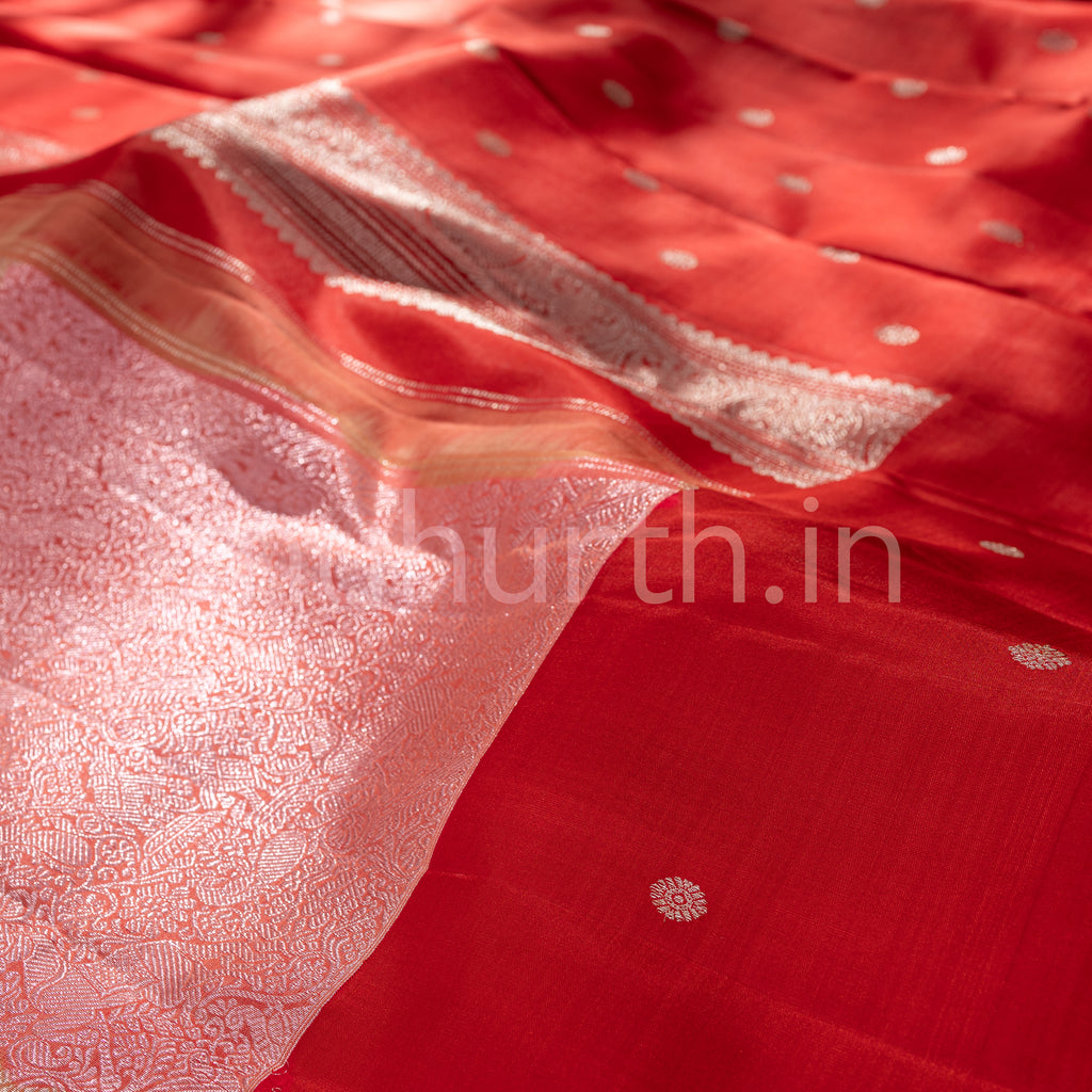 Light Peach Pink Kanjivaram Silk Saree with Red