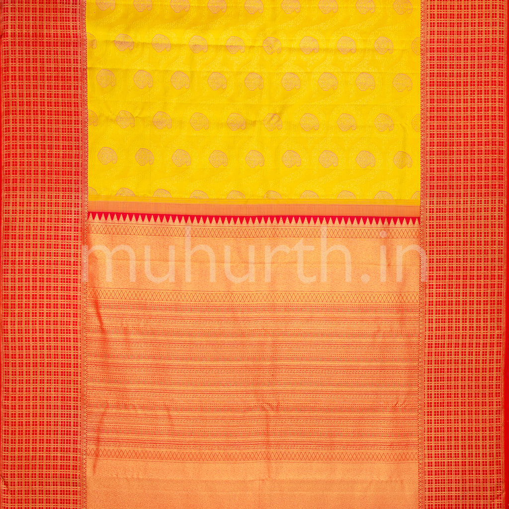 Kanjivaram Golden Mustard Silk Saree with Bright Red