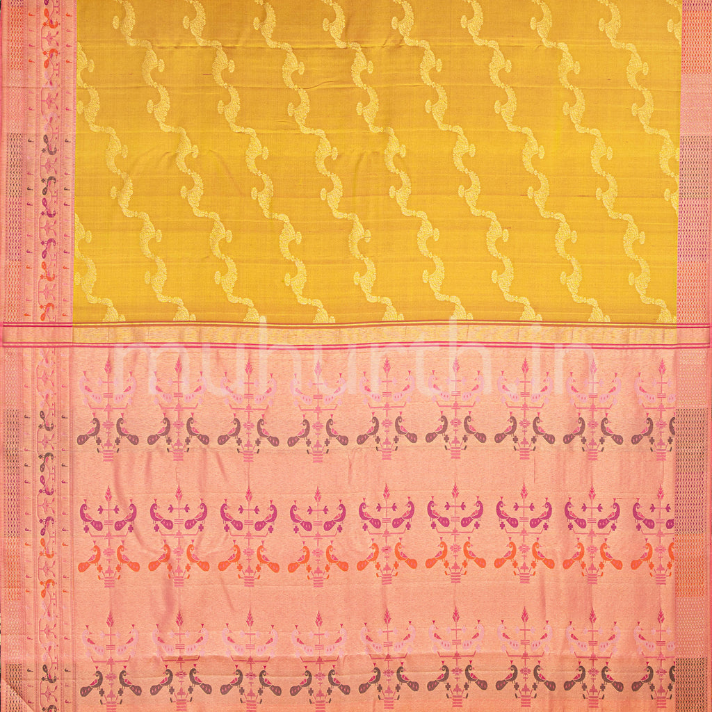 Kanjivaram Sampanga Mustard Silk Saree with Pink
