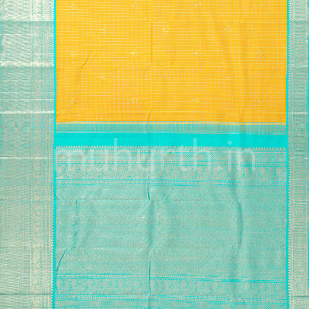 Golden Mustard Kanjivaram Silk Saree with Ananda Blue