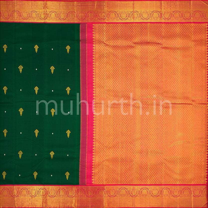 Kanjivaram Green Silk Saree with Coral Red