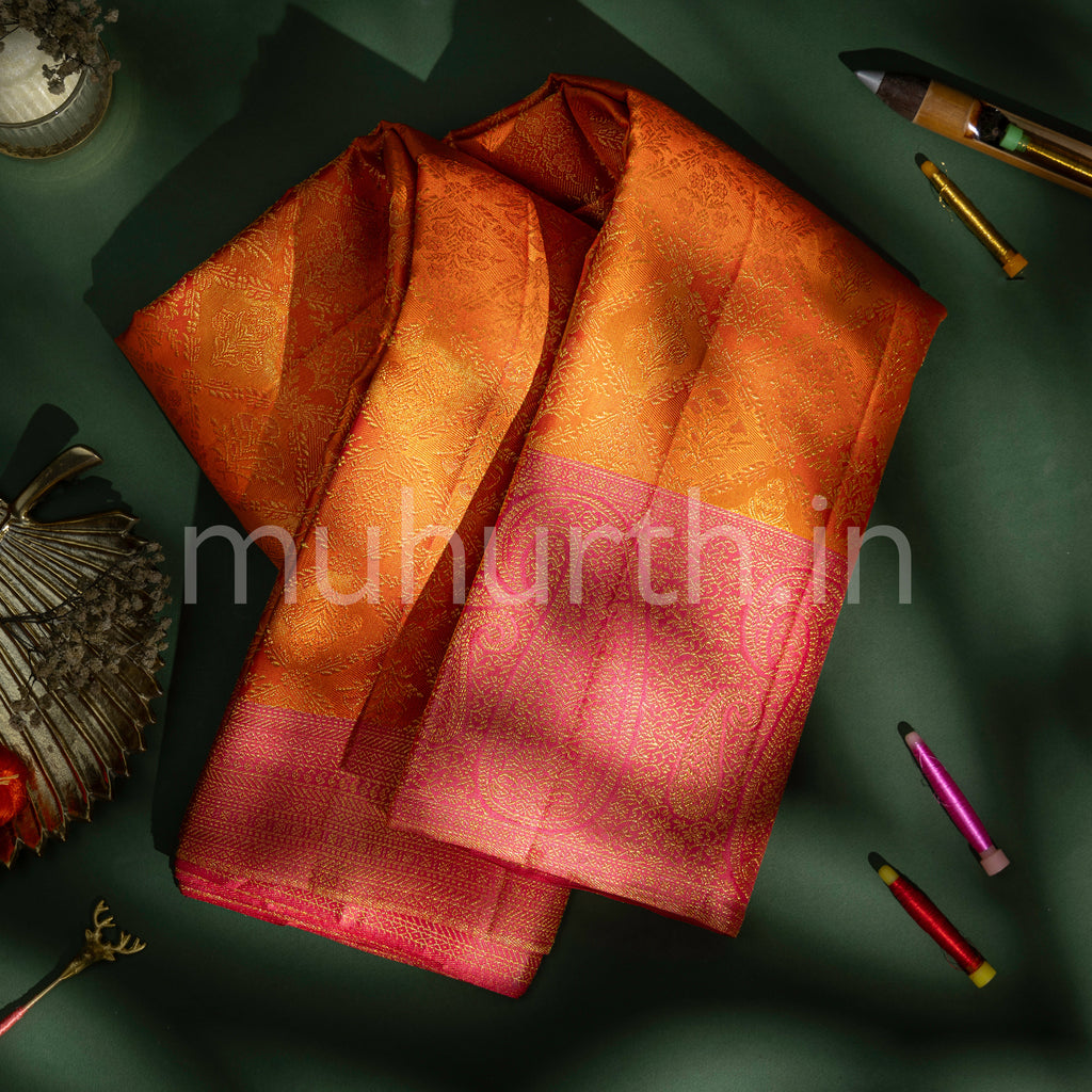 Orange Kanjivaram Silk Saree with Pink