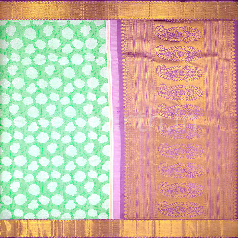 Kanjivaram Light Tiratchai Green Silk Saree with Majenta