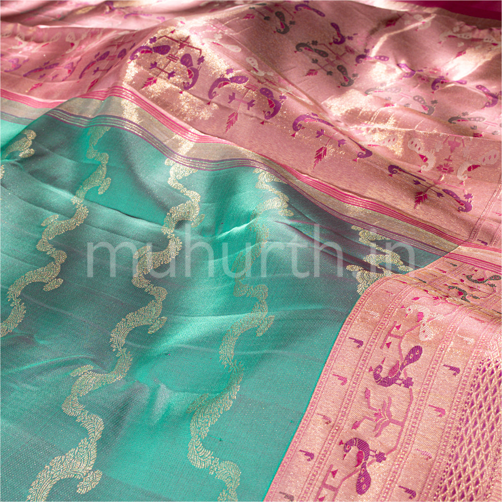Kanjivaram Sea Green Silk Saree with Pink