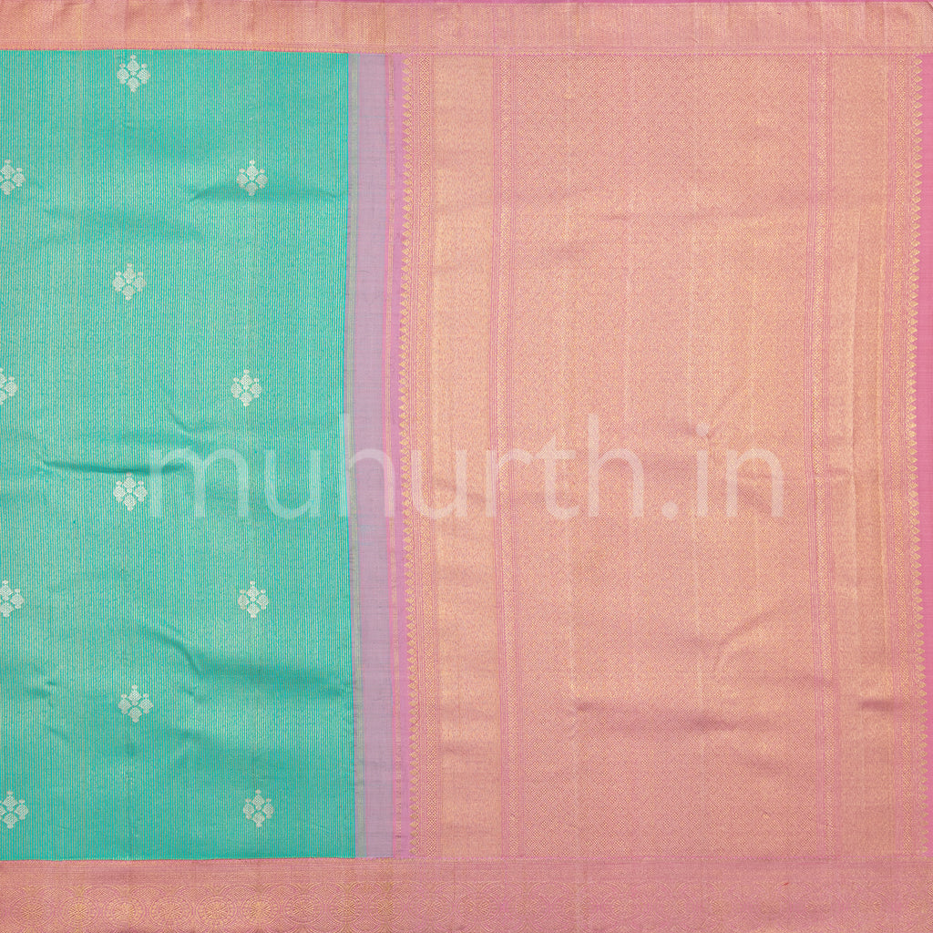 Kanjivaram Sea Green Silk Saree with Peach Pink