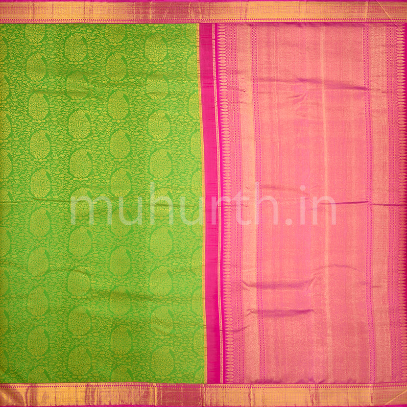 Kanjivaram Sampanga Green Silk Saree with Rani Pink