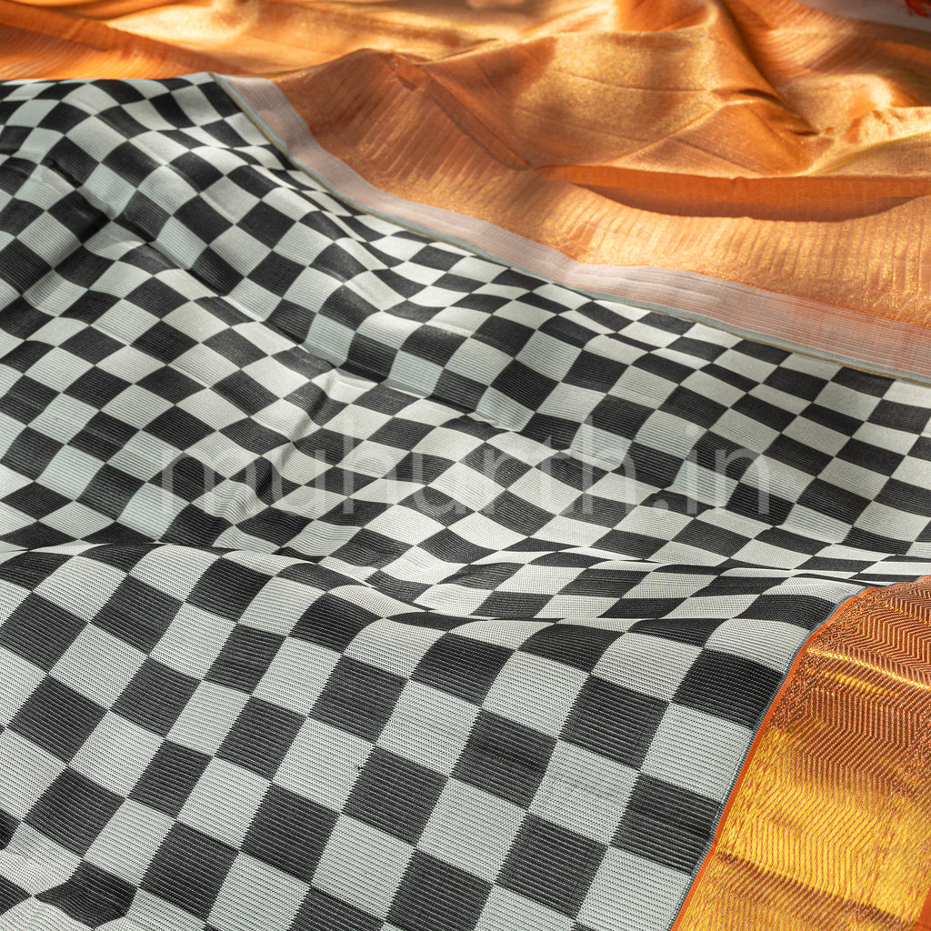 Kanjivaram Black & White Checkers Silk Saree