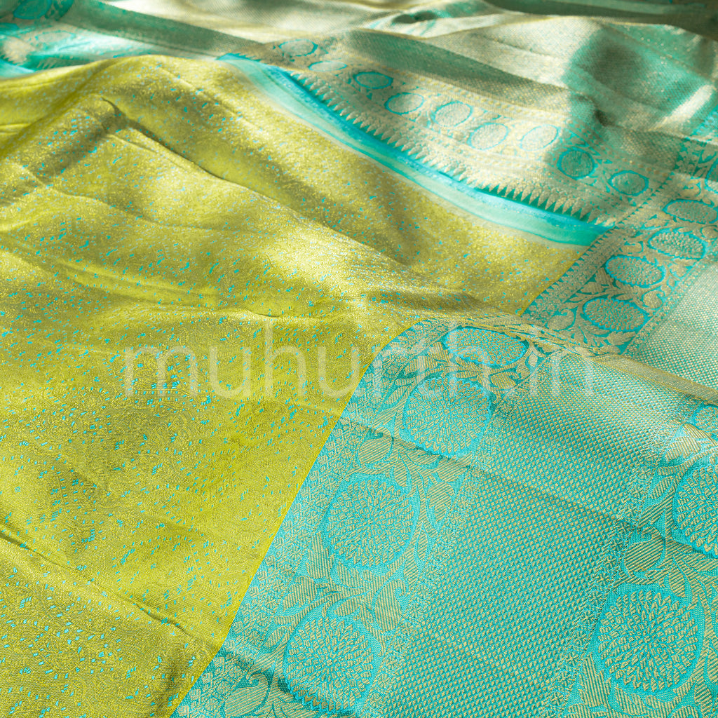 Kanjivaram Golden Mustard Silk Saree with Sea Green