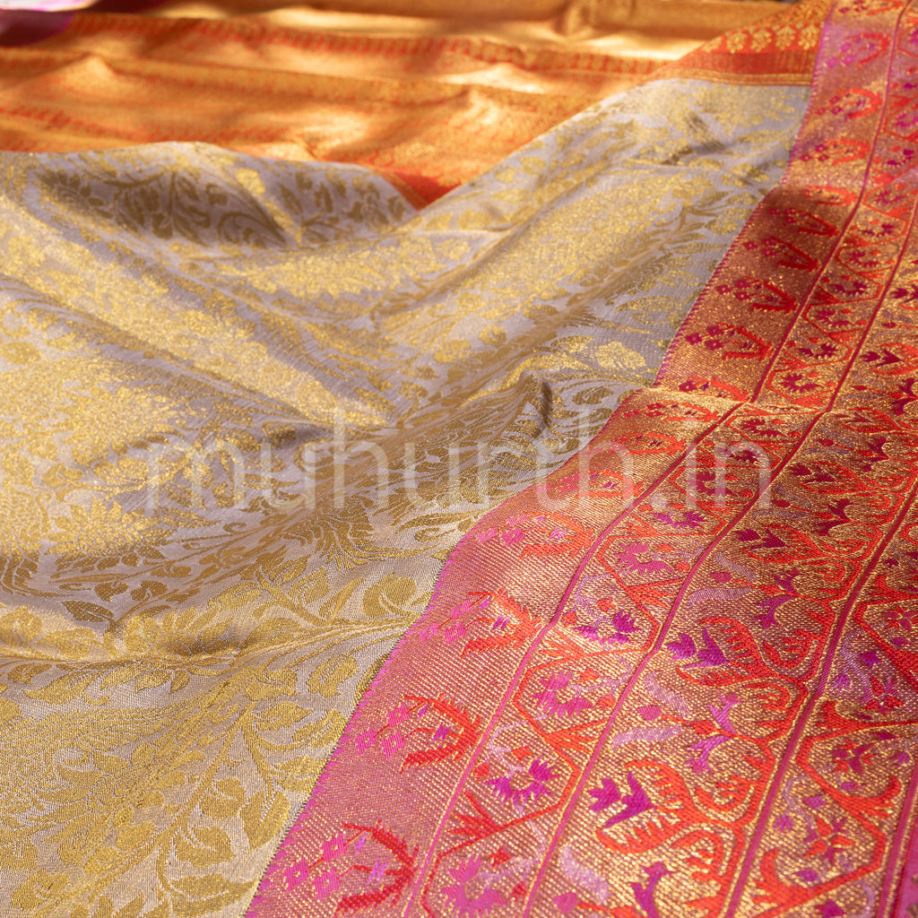 Kanjivaram Tissue Off-White Silk Saree with Pink