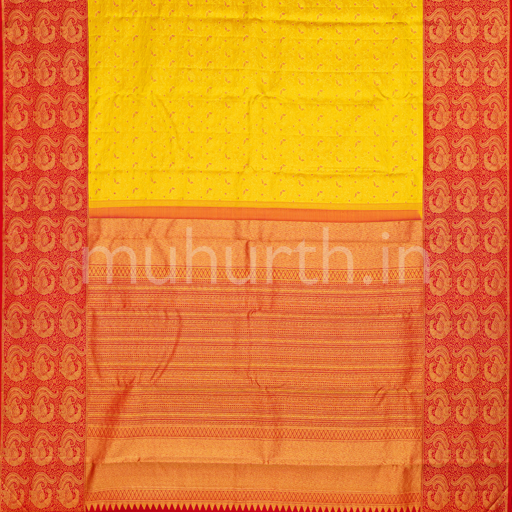 Kanjivaram Golden Mustard Silk Saree with Bright Red