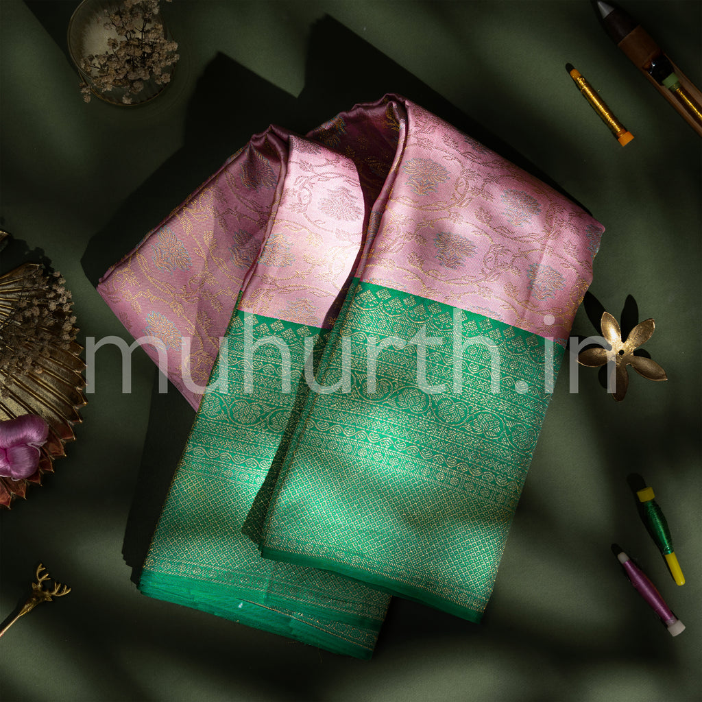 Pink Kanjivaram Silk Saree with Rexona Green