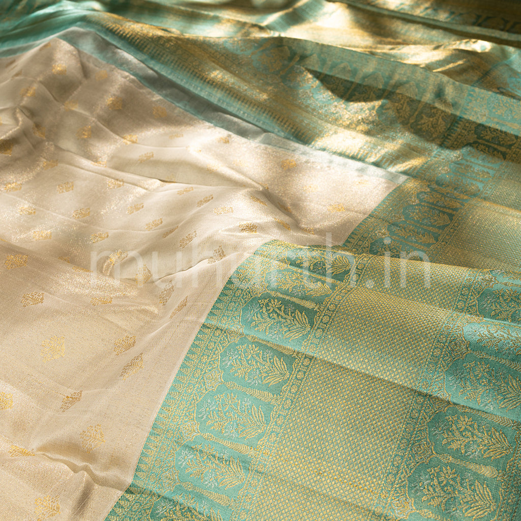 Off-White Kanjivaram Silk Saree with Sea Green