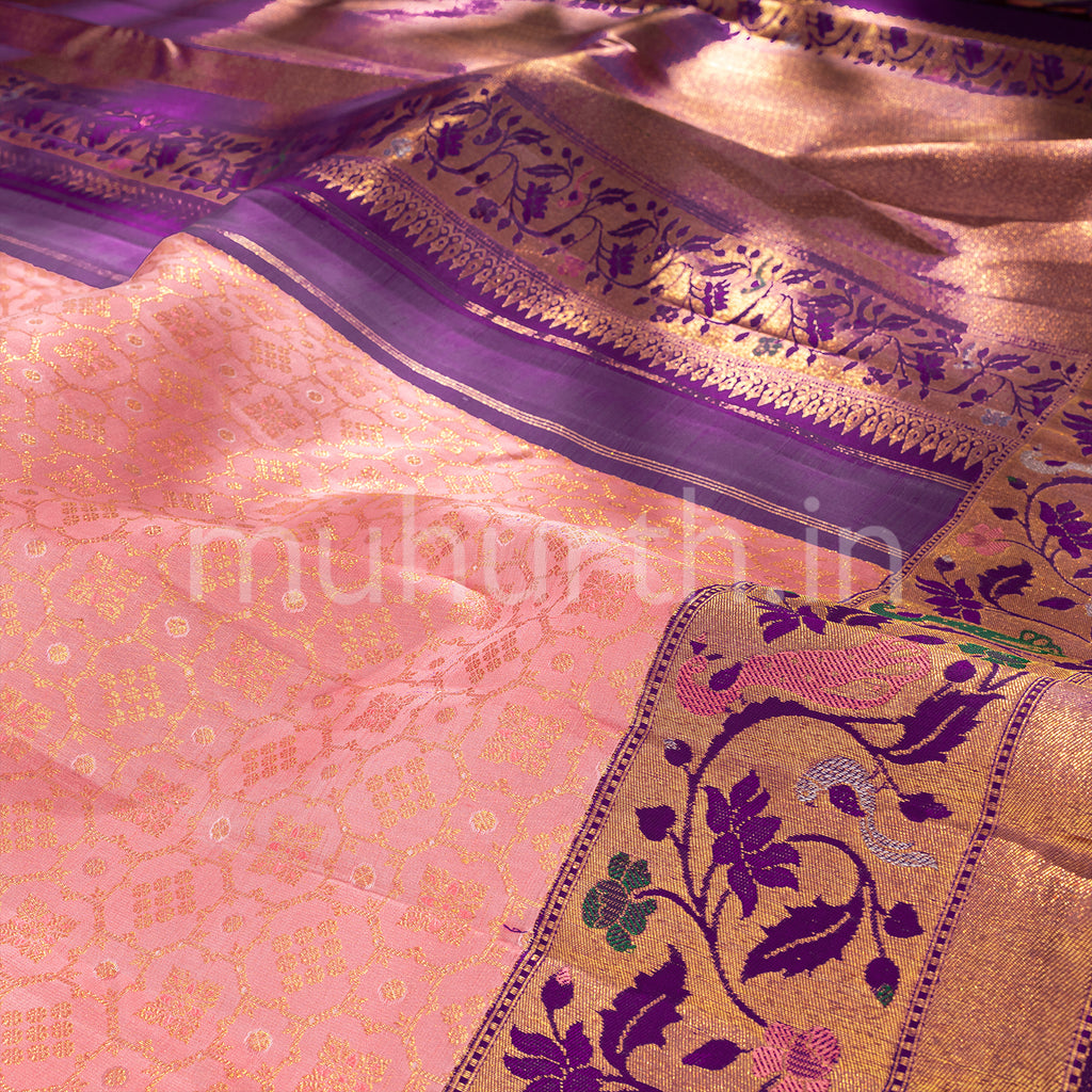 Peach Kanjivaram Silk Saree with Meenakshi