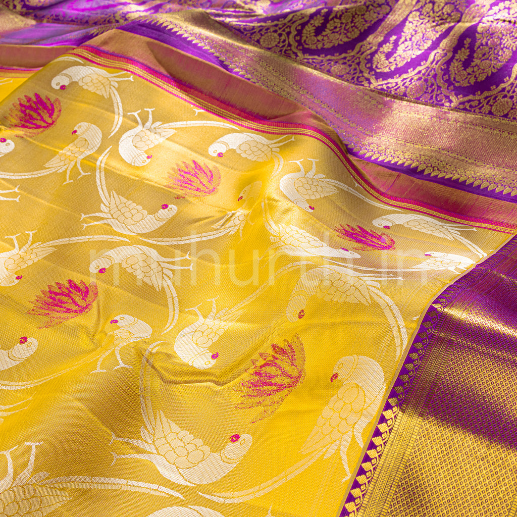 Kanjivaram Golden Mustard Silk Saree with Magenta