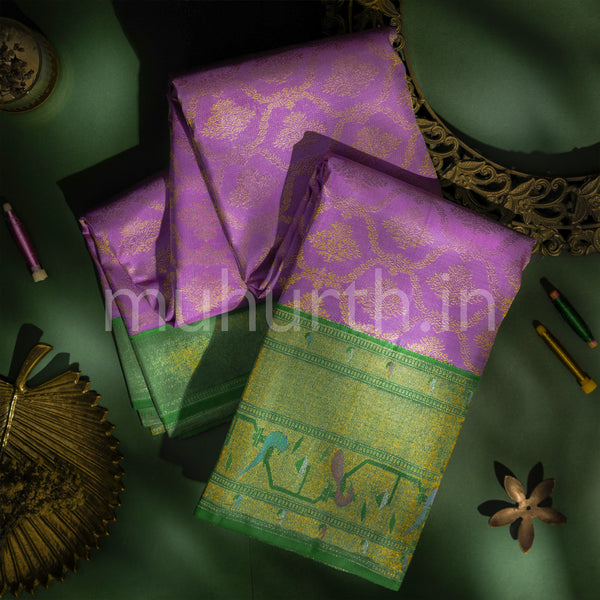 Lilac Kanjivaram Silk Saree with Meenakari on Green