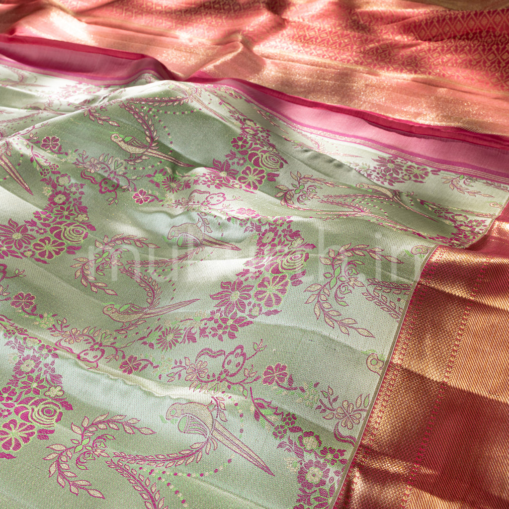 Tiratchai Green Kanjivaram Silk Saree with Peach