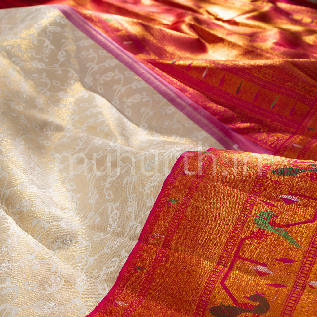 Off-White Kanjivaram Silk Saree with Red Shot Rose