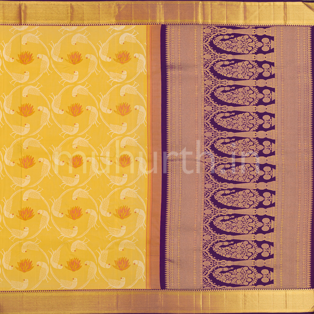 Kanjivaram Golden Mustard Silk Saree with Magenta