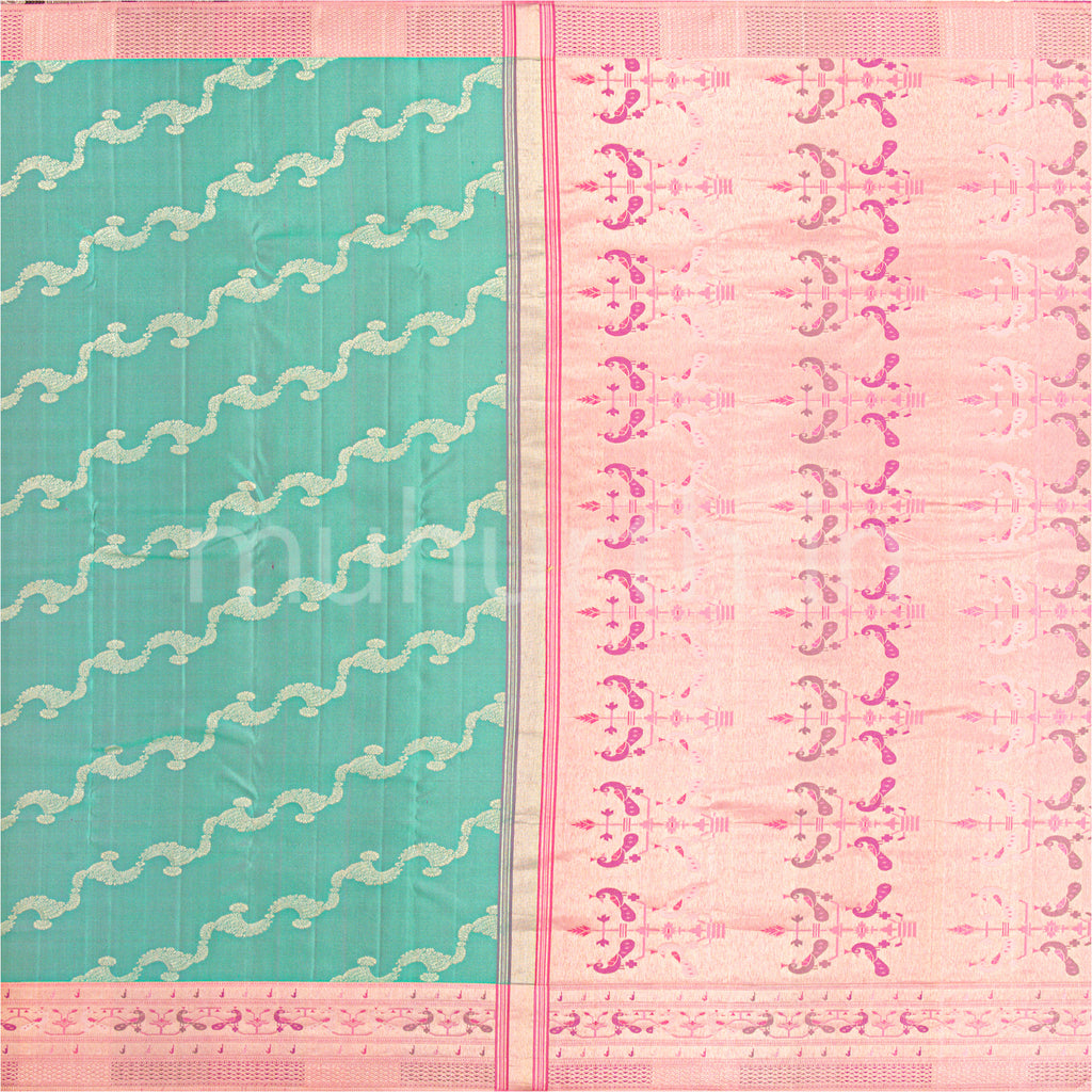 Kanjivaram Sea Green Silk Saree with Pink