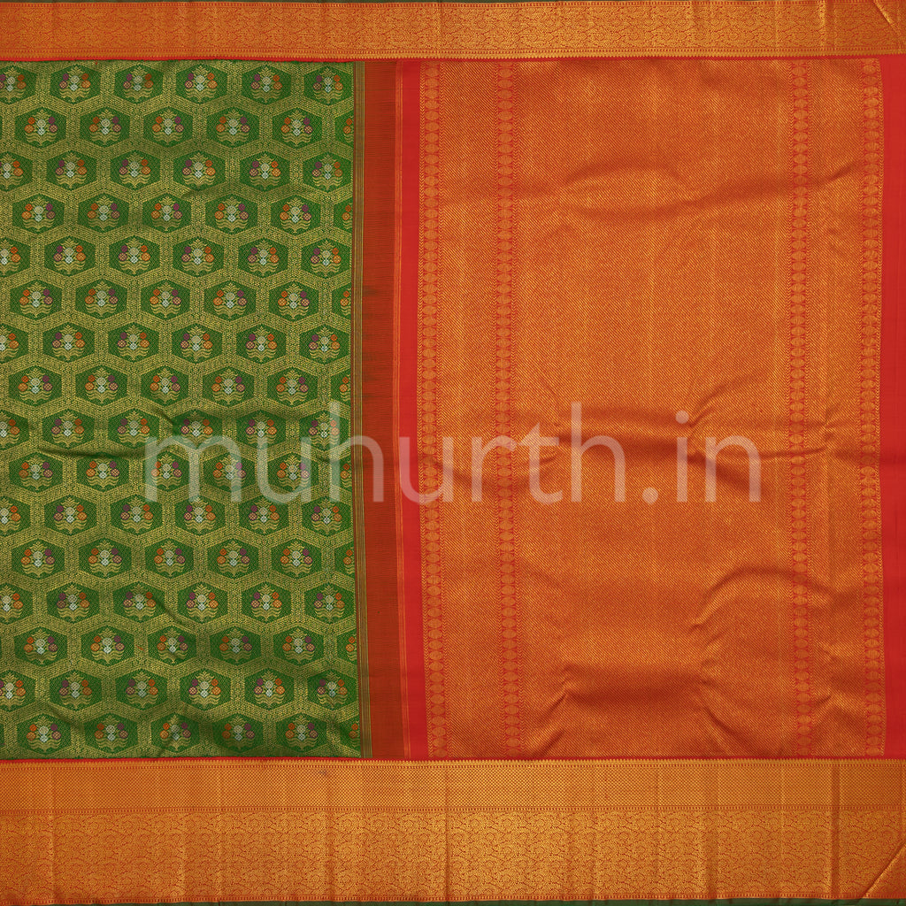 Kanjivaram Pure Zari Green Silk Saree with Bright Red