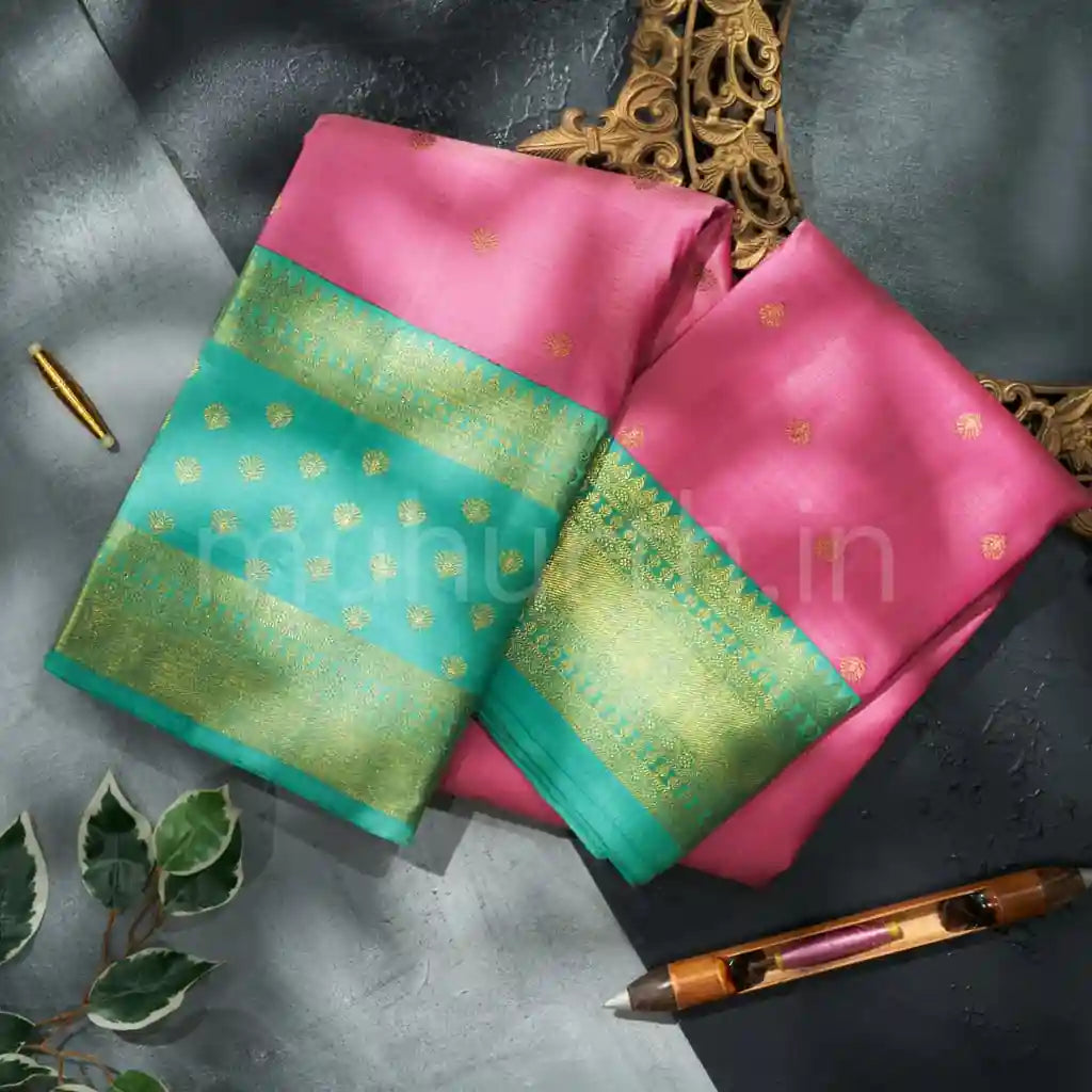 Kanjivaram Light Pink Silk Saree with Rexona Green