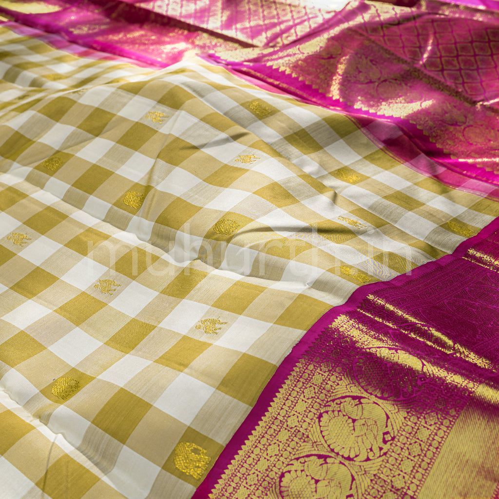 Brown and Off-White Checks Kanjivaram Silk Saree with Pink