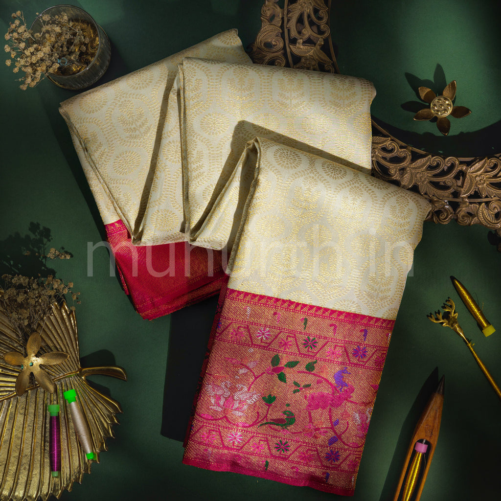 Off- White Pure Kanjivaram Silk Saree with Red Rose