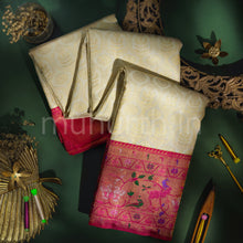 Load image into Gallery viewer, Off- White Pure Kanjivaram Silk Saree with Red Rose