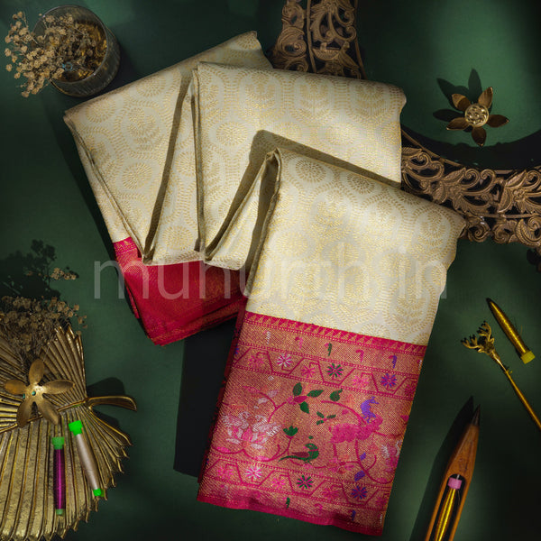 Off- White Pure Kanjivaram Silk Saree with Red Rose