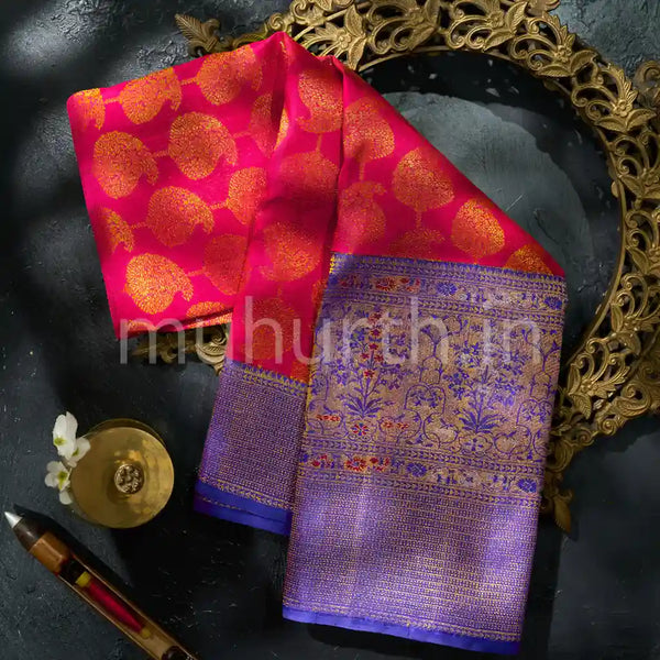 Rose Red Meenakari Kanjivaram Silk Saree with Violet