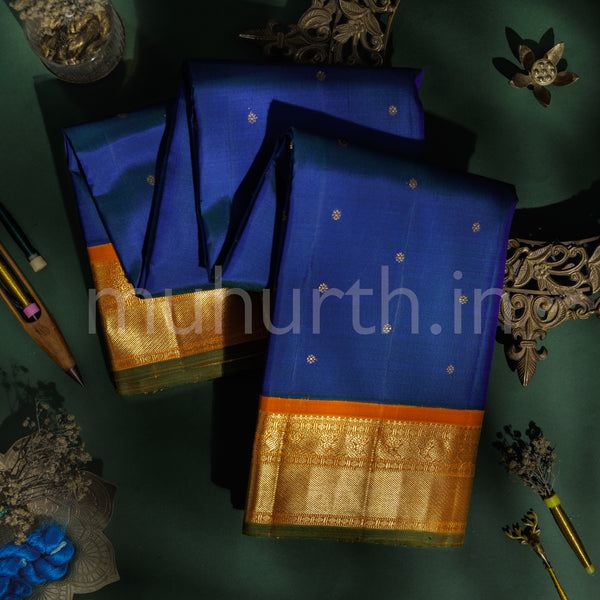 Blue Mayil Kazhuthu Blue Pure Zari Kanjivaram Silk Saree with Mango Yellow