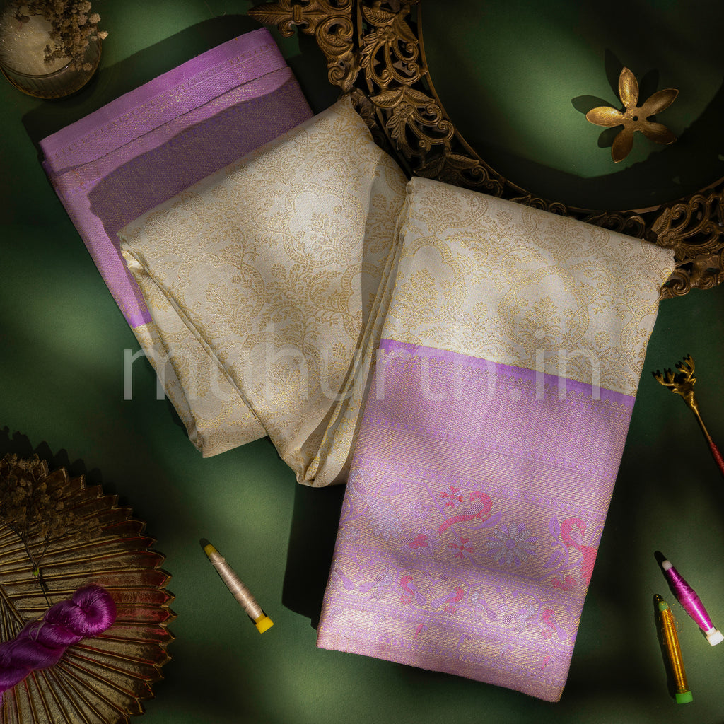 Off-White Kanjivaram Silk Saree with Lavender