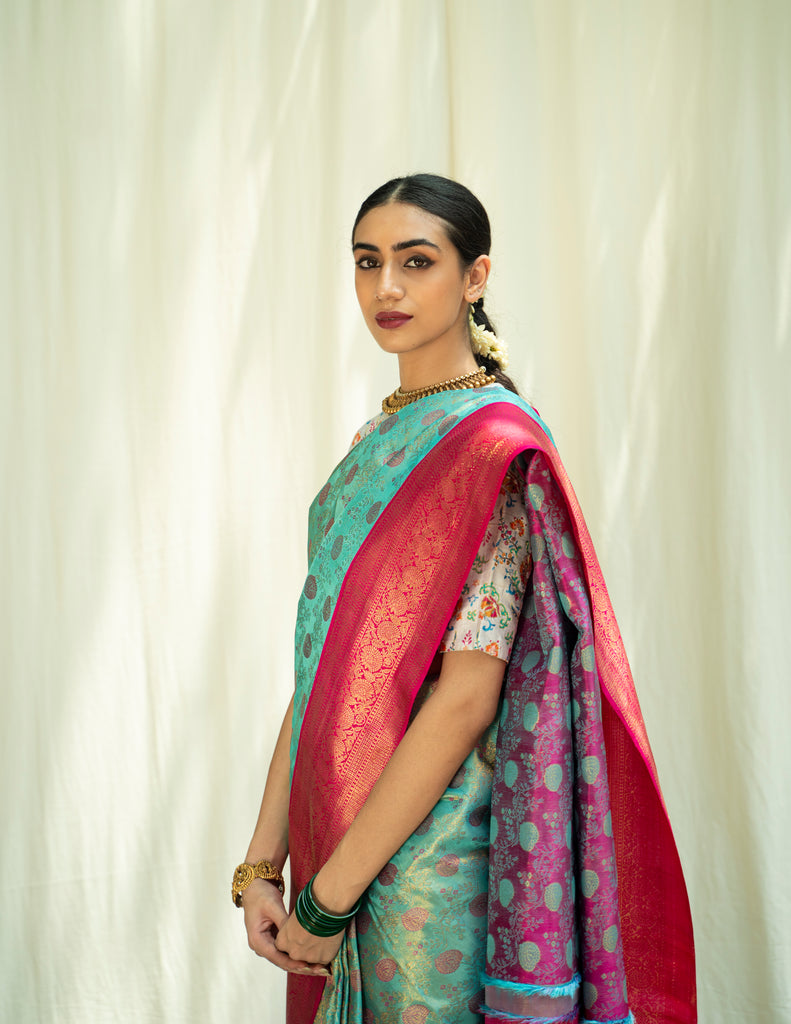 Ananda Kanjivaram Silk Saree with Rose