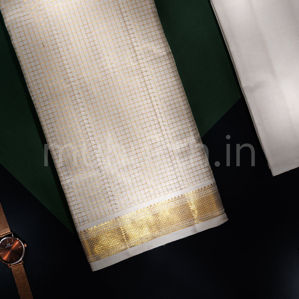 Premium Off-White Pure Silk Dhoti with Angavastram