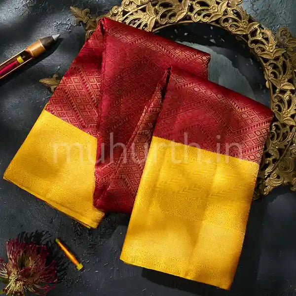 Red Kanjivaram Silk Saree with Golden Mustard