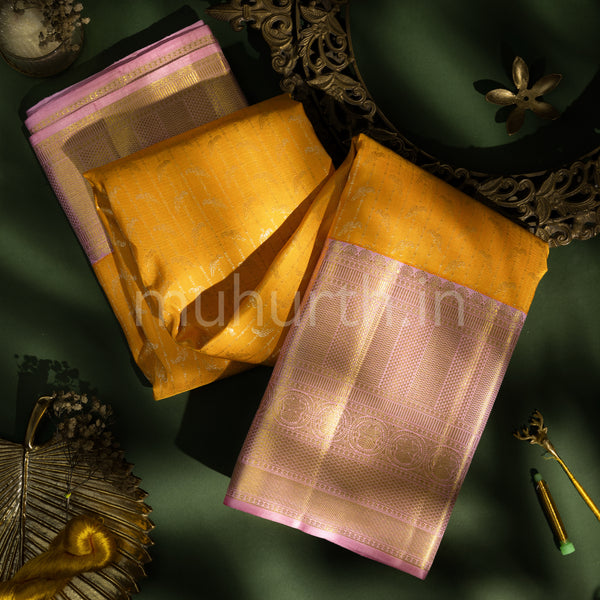 Mango Yellow Kanjivaram Silk Saree with Light Pink