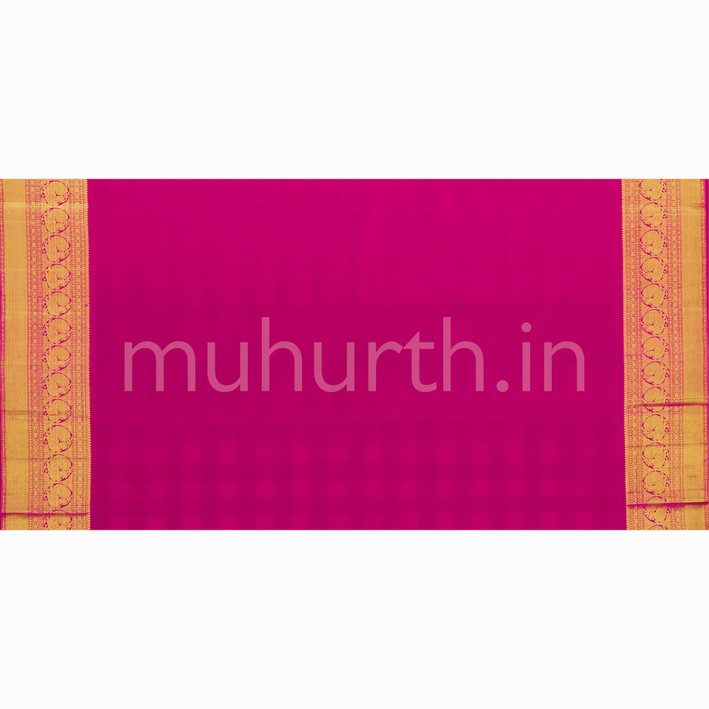 Brown and Off-White Checks Kanjivaram Silk Saree with Pink