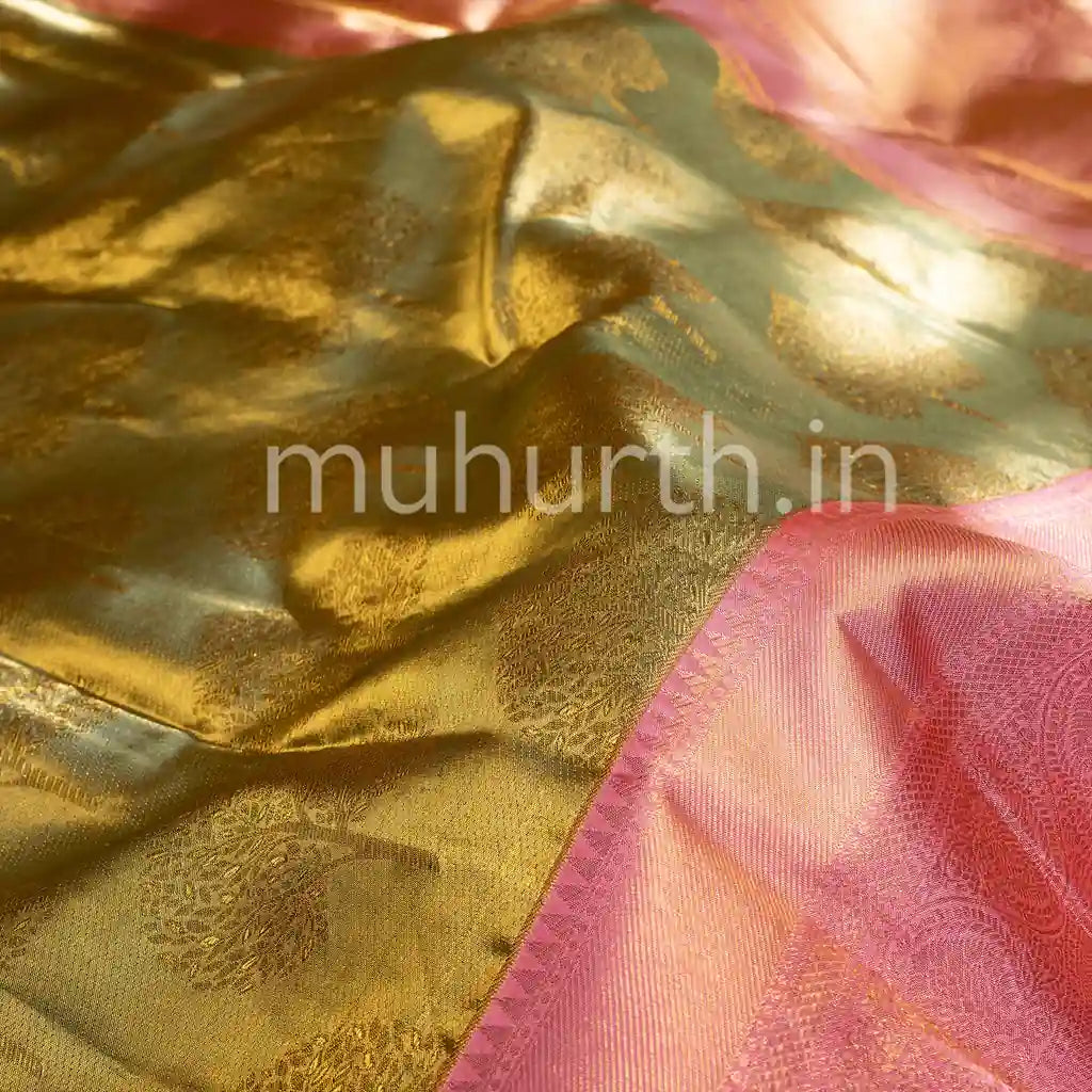 Kanjivaram Tissue Sampanga Green Silk Saree with Pink