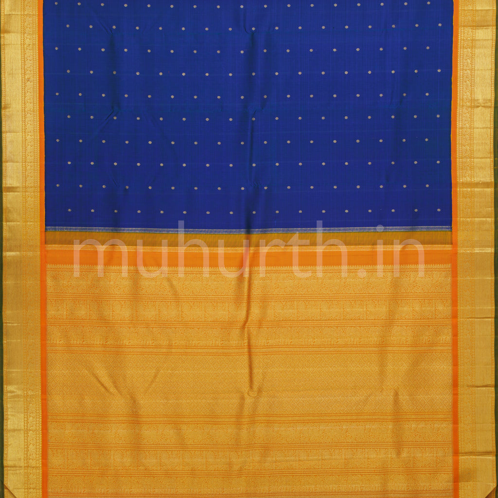 Blue Mayil Kazhuthu Blue Pure Zari Kanjivaram Silk Saree with Mango Yellow